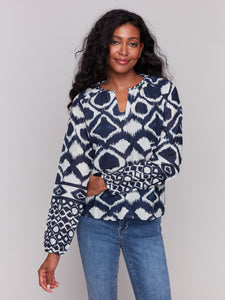 CHARLIE B C4570P PRINTED COTTON LONG SLEEVE POPOVER BLOUSE- 2 COLOURS