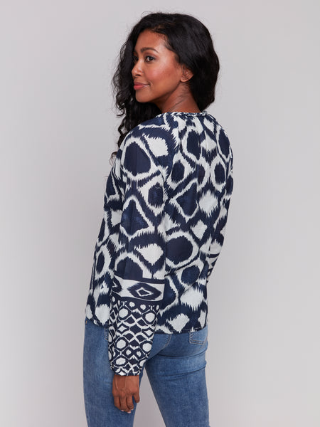 CHARLIE B C4570P PRINTED COTTON LONG SLEEVE POPOVER BLOUSE- 2 COLOURS