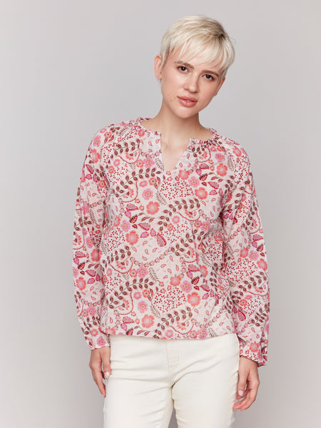 CHARLIE B C4570P PRINTED COTTON LONG SLEEVE POPOVER BLOUSE- 2 COLOURS