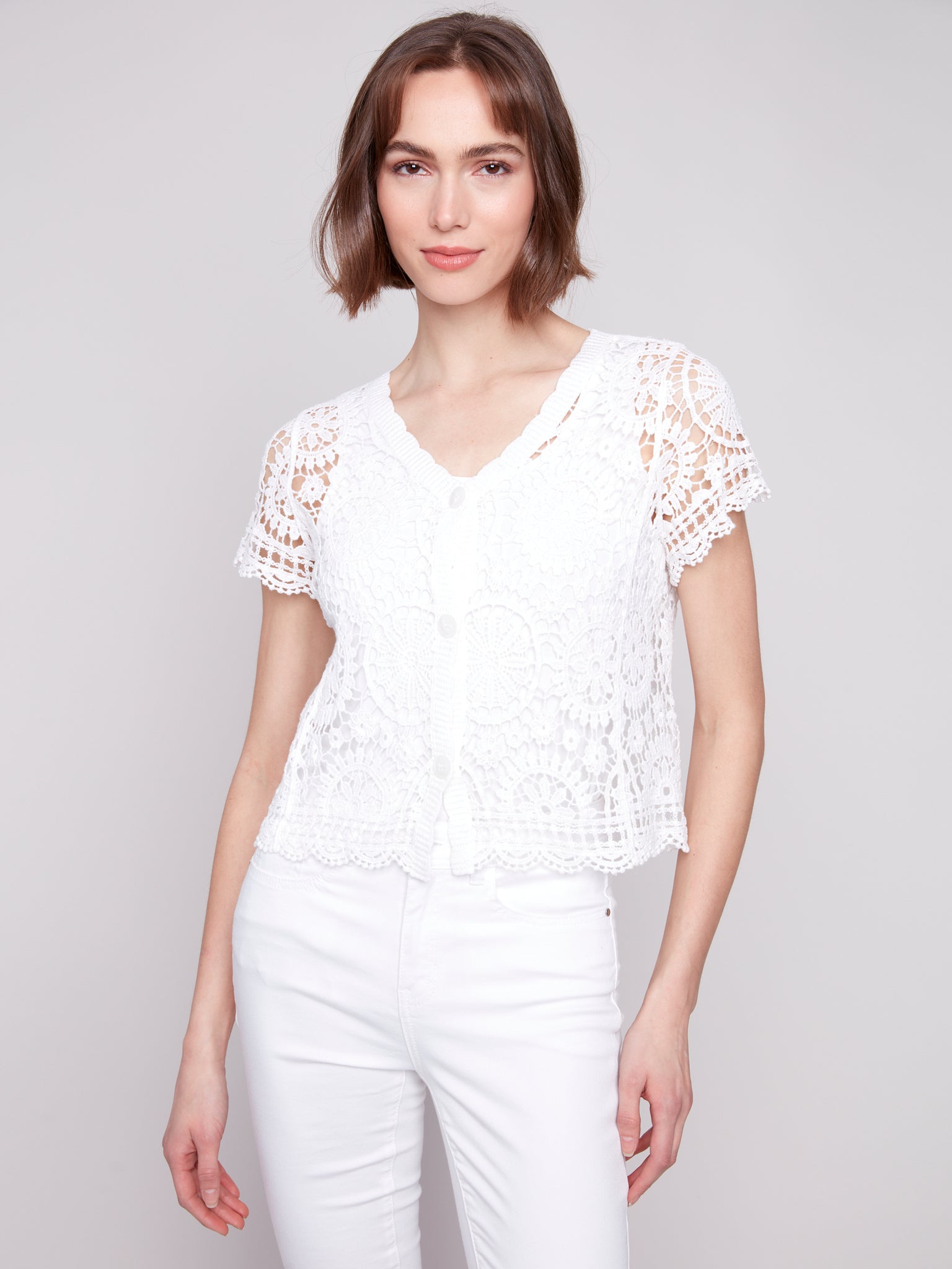 CHARLIE B C4584 SHORT SLEEVE CROCHET BOLERO CARDIGAN