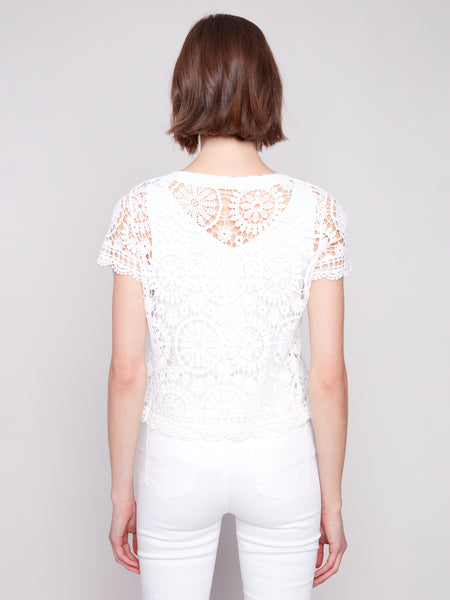 CHARLIE B C4584 SHORT SLEEVE CROCHET BOLERO CARDIGAN