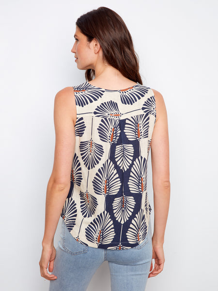 CHARLIE B C4588R PRINTED SLEEVELESS LINEN BLOUSE WITH ROUNDED HEM- 2 COLOURS