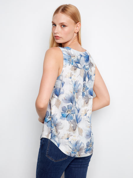 CHARLIE B C4588R PRINTED SLEEVELESS LINEN BLOUSE WITH ROUNDED HEM- 2 COLOURS