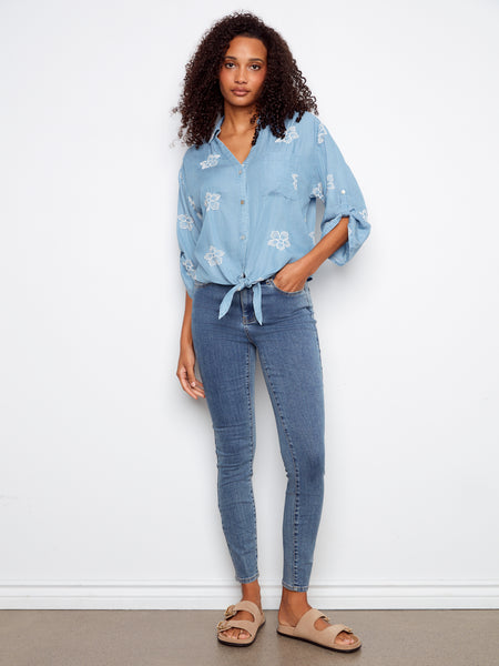 CHARLIE B C4593ER 3/4 ROLL UP SLEEVE BLOUSE WITH ALL OVER EMBROIDERY AND FRONT TIE
