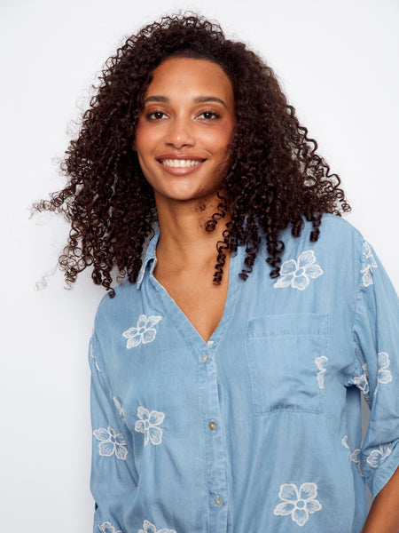 CHARLIE B C4593ER 3/4 ROLL UP SLEEVE BLOUSE WITH ALL OVER EMBROIDERY AND FRONT TIE