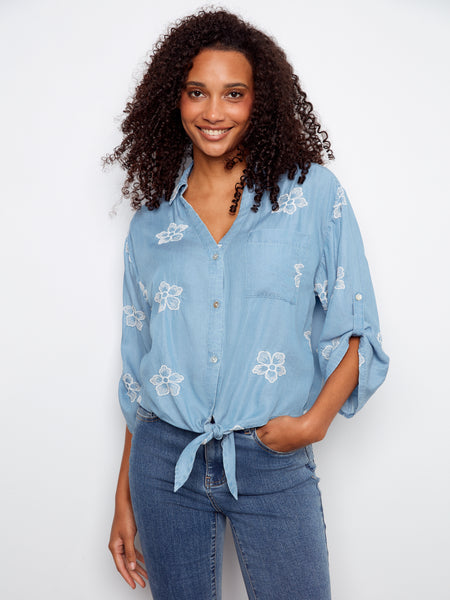 CHARLIE B C4593ER 3/4 ROLL UP SLEEVE BLOUSE WITH ALL OVER EMBROIDERY AND FRONT TIE