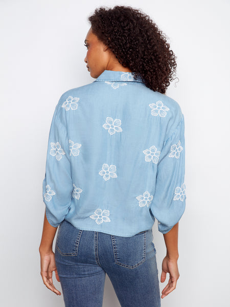 CHARLIE B C4593ER 3/4 ROLL UP SLEEVE BLOUSE WITH ALL OVER EMBROIDERY AND FRONT TIE