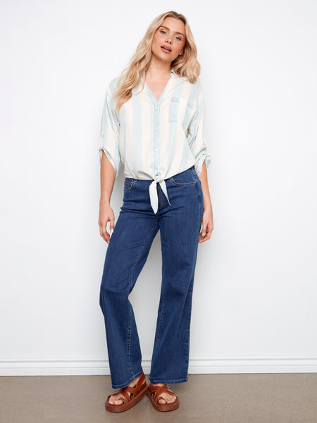 CHARLIE B C4593 3/4 ROLL UP SLEEVE YARN-DYE STRIPED BLOUSE WITH FRONT TIE