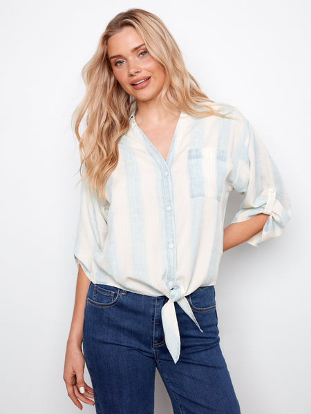 CHARLIE B C4593 3/4 ROLL UP SLEEVE YARN-DYE STRIPED BLOUSE WITH FRONT TIE