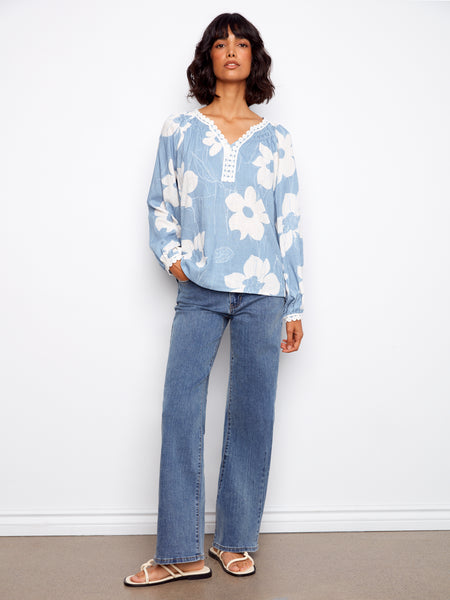 CHARLIE B  C4602R PRINTED RAGLAN LONG SLEEVE BLOUSE