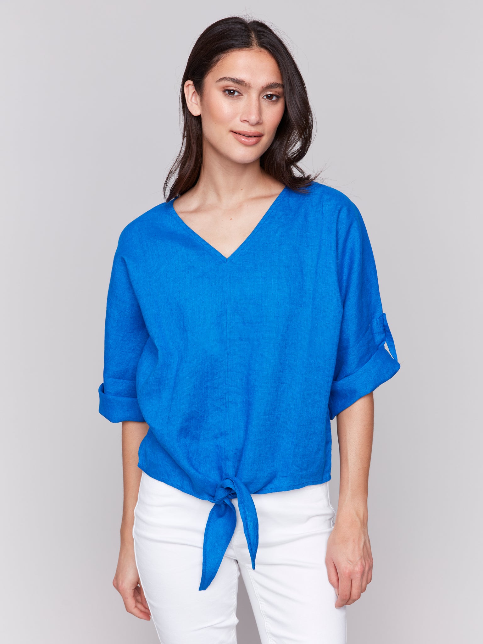CHARLIE B C4603 LINEN BLEND 3/4 SLEEVE TOP WITH FRONT TIE- 2 COLOURS