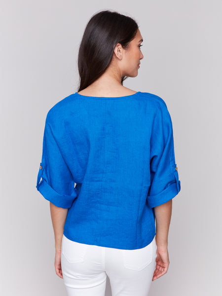 CHARLIE B C4603 LINEN BLEND 3/4 SLEEVE TOP WITH FRONT TIE- 2 COLOURS