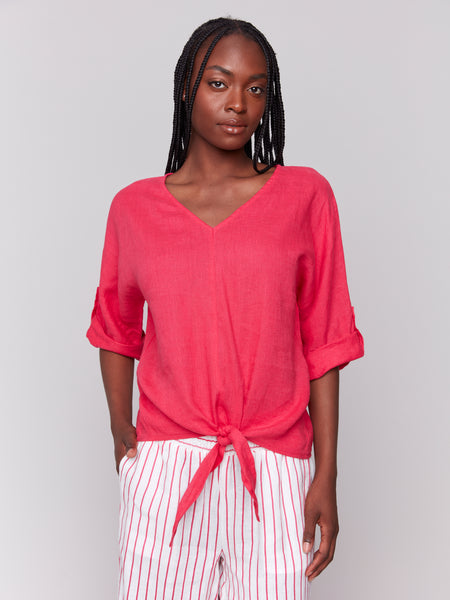 CHARLIE B C4603 LINEN BLEND 3/4 SLEEVE TOP WITH FRONT TIE- 2 COLOURS