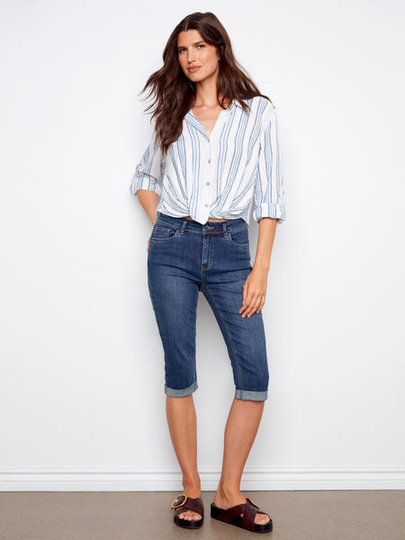 CHARLIE B C4604R YARN DYE STRIPE TWIST FRONT SHIRT WITH ROLL UP LONG SLEEVES- 2 COLOURS