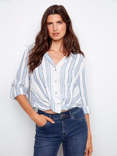 CHARLIE B C4604R YARN DYE STRIPE TWIST FRONT SHIRT WITH ROLL UP LONG SLEEVES- 2 COLOURS