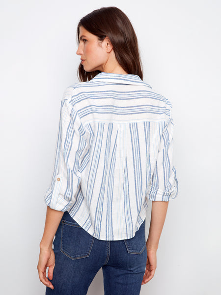 CHARLIE B C4604R YARN DYE STRIPE TWIST FRONT SHIRT WITH ROLL UP LONG SLEEVES- 2 COLOURS