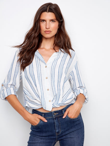 CHARLIE B C4604R YARN DYE STRIPE TWIST FRONT SHIRT WITH ROLL UP LONG SLEEVES- 2 COLOURS