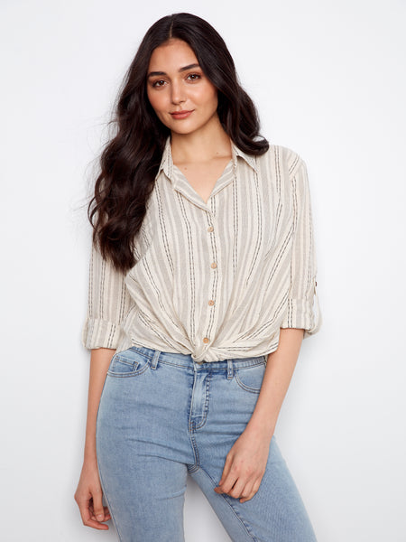 CHARLIE B C4604R YARN DYE STRIPE TWIST FRONT SHIRT WITH ROLL UP LONG SLEEVES- 2 COLOURS