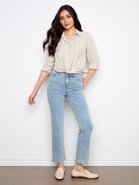 CHARLIE B C4604R YARN DYE STRIPE TWIST FRONT SHIRT WITH ROLL UP LONG SLEEVES- 2 COLOURS