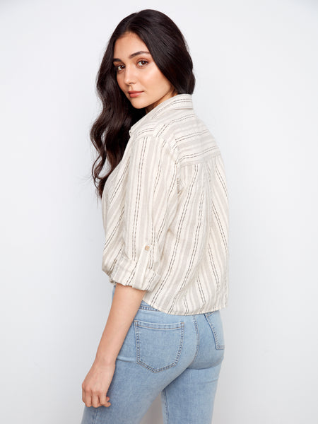 CHARLIE B C4604R YARN DYE STRIPE TWIST FRONT SHIRT WITH ROLL UP LONG SLEEVES- 2 COLOURS