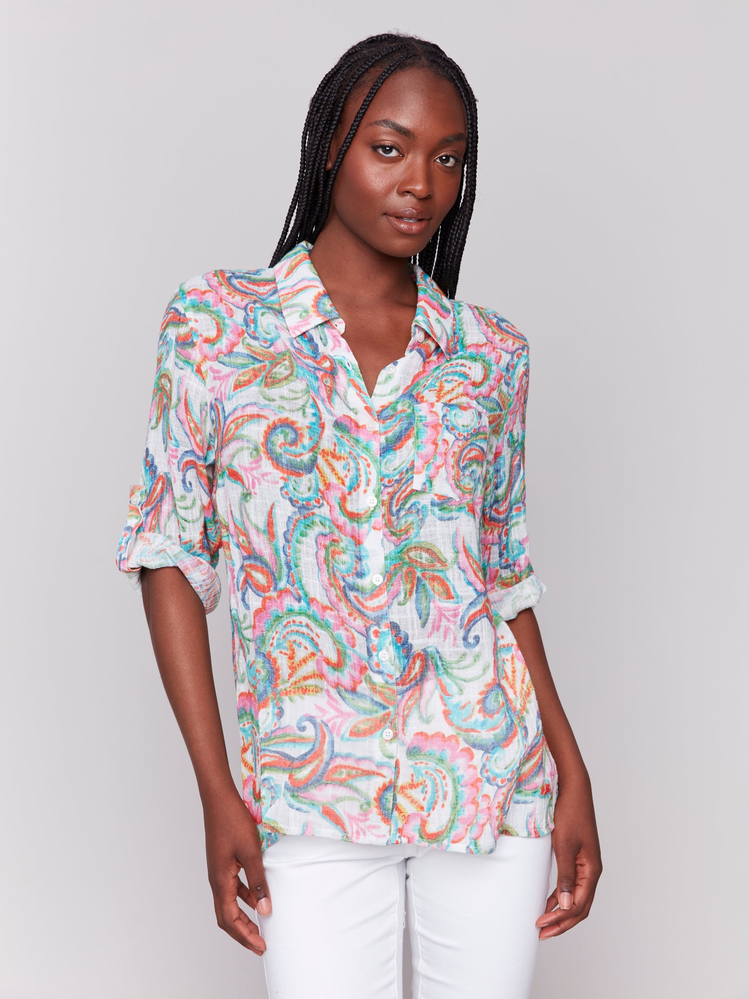 CHARLIE B C4605D PRINTED COTTON GAUZE SHIRT