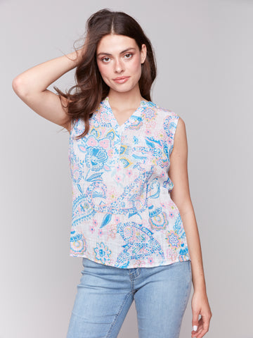CHARLIE B C4606D PRINTED COTTON GAUZE SLEEVELESS SHIRT
