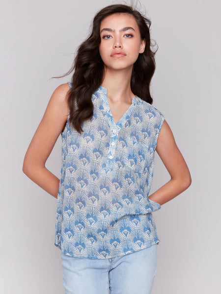 CHARLIE B 4606 PRINTED COTTON GAUZE SLEEVELESS SHIRT- 2 colours