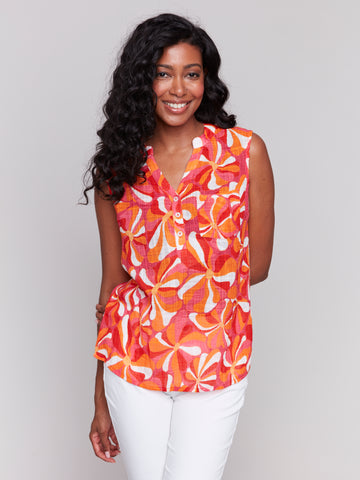 CHARLIE B 4606 PRINTED COTTON GAUZE SLEEVELESS SHIRT- 2 colours