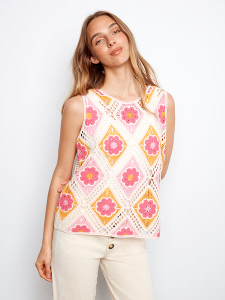CHARLIE B C4610D FLOWER SLEEVELESS CROCHET TOP