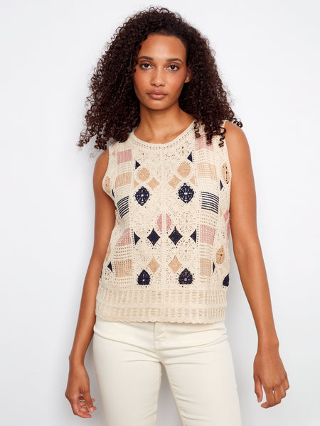 CHARLIE B C4612 SLEEVELESS FLOWER CROCHET TOP