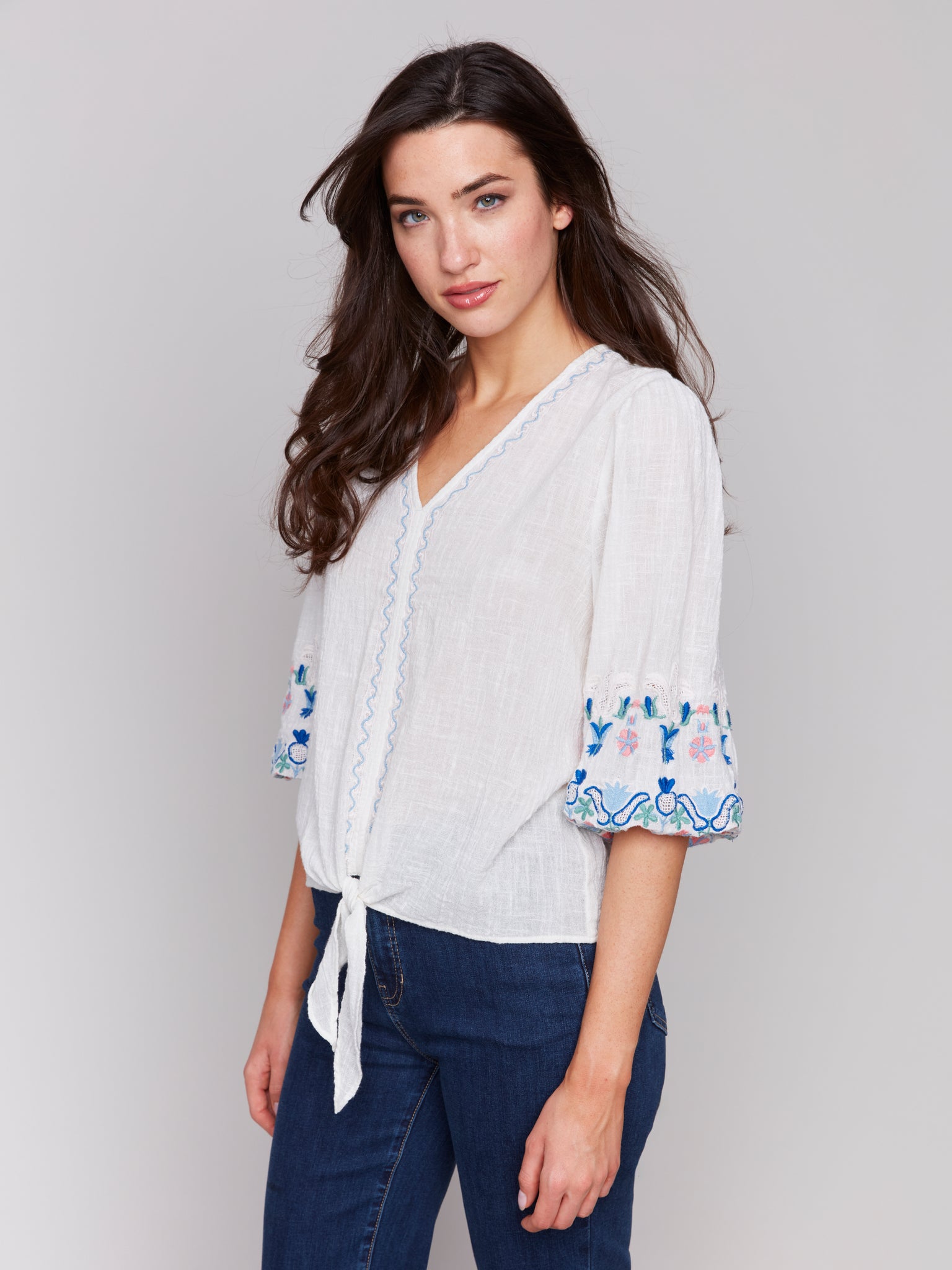 CHARLIE B C4615 EMBROIDERED 3/4 SLEEVE COTTON BLOUSE WITH FRONT TIE