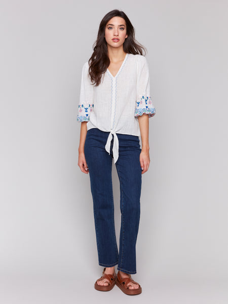 CHARLIE B C4615 EMBROIDERED 3/4 SLEEVE COTTON BLOUSE WITH FRONT TIE