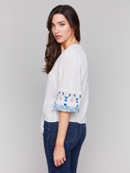 CHARLIE B C4615 EMBROIDERED 3/4 SLEEVE COTTON BLOUSE WITH FRONT TIE