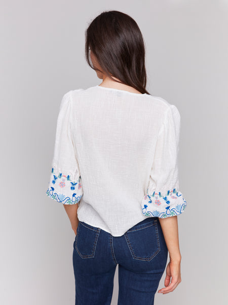 CHARLIE B C4615 EMBROIDERED 3/4 SLEEVE COTTON BLOUSE WITH FRONT TIE