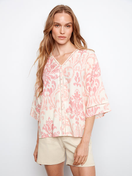 CHARLIE B C4616RR PRINTED WIDE ELBOW SLEEVE V-NECK BLOUSE WITH FAKE BUTTON CLOSURE