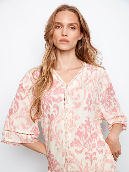 CHARLIE B C4616RR PRINTED WIDE ELBOW SLEEVE V-NECK BLOUSE WITH FAKE BUTTON CLOSURE