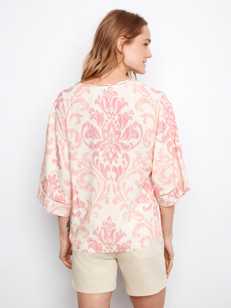 CHARLIE B C4616RR PRINTED WIDE ELBOW SLEEVE V-NECK BLOUSE WITH FAKE BUTTON CLOSURE