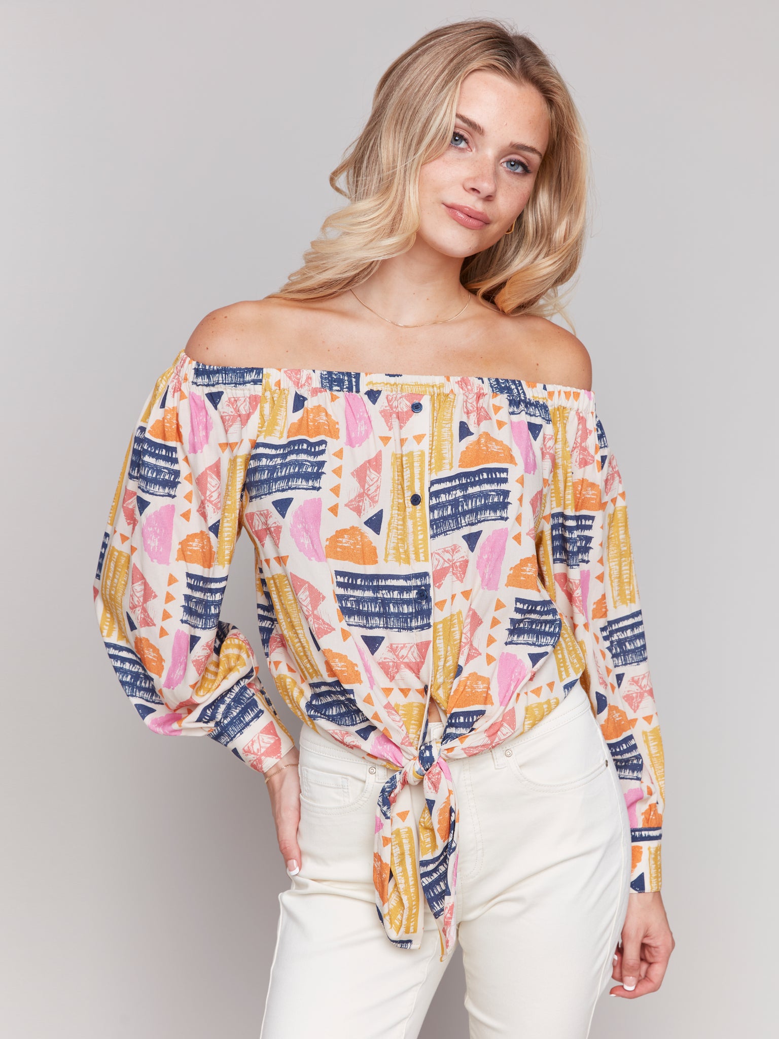 CHARLIE B C4618P OFF THE SHOULDER PRINTED BLOUSE WITH FRONT TIE