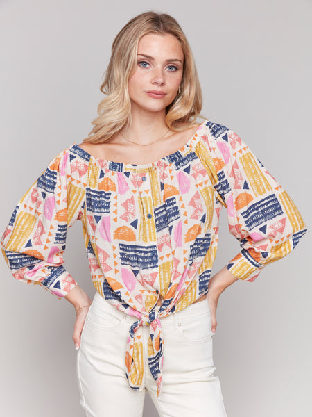 CHARLIE B C4618P OFF THE SHOULDER PRINTED BLOUSE WITH FRONT TIE