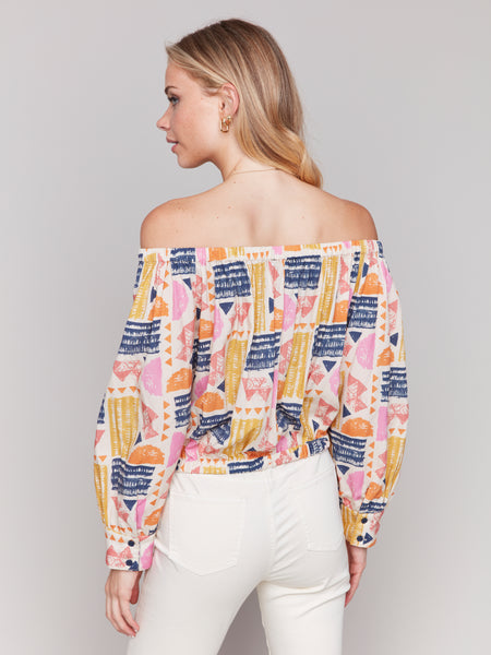 CHARLIE B C4618P OFF THE SHOULDER PRINTED BLOUSE WITH FRONT TIE