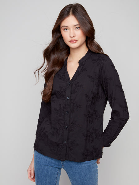 CHARLIE B C4629 APPLIQUE BUTTON UP BLOUSE 2 colours