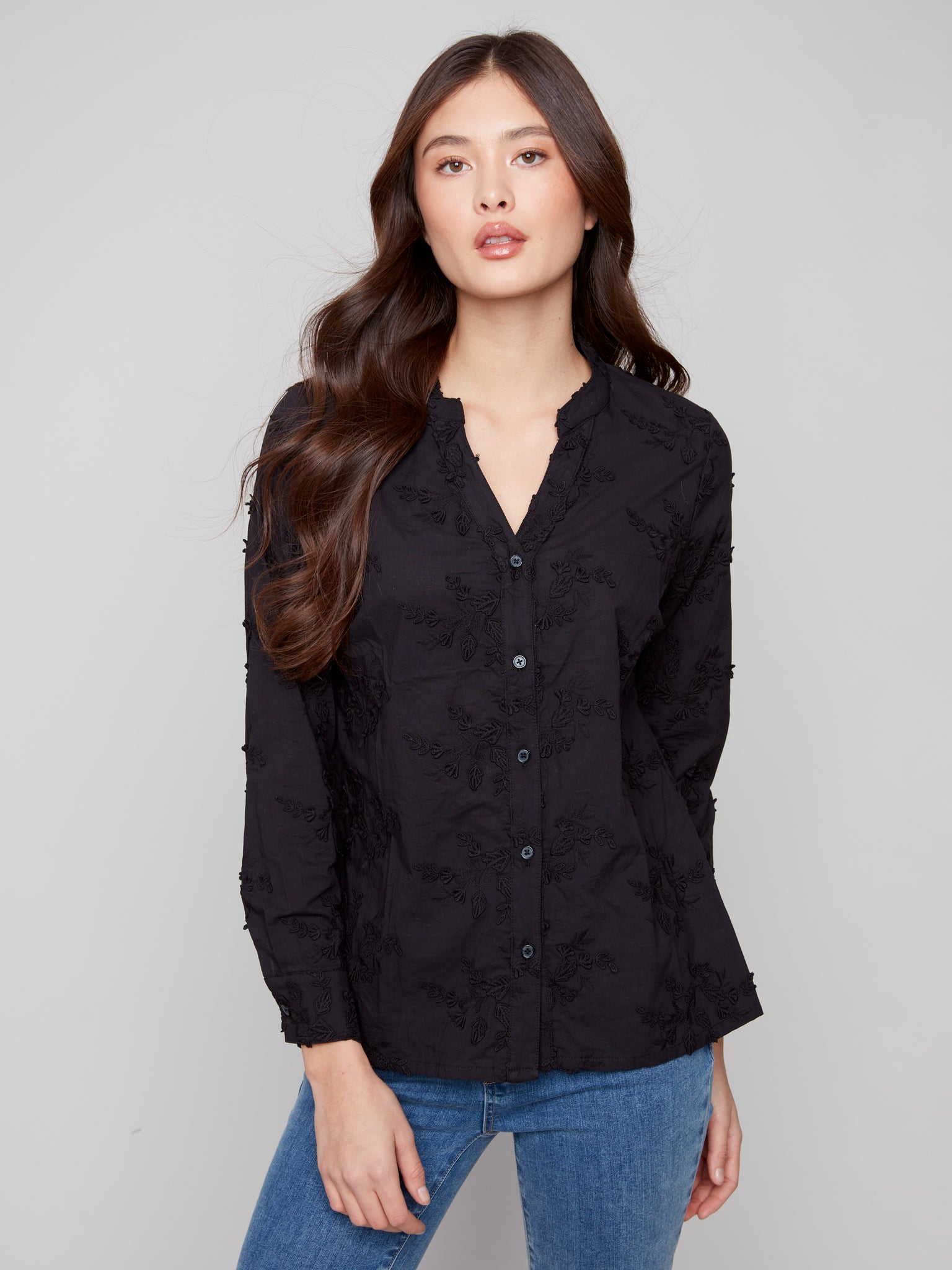 CHARLIE B C4929 APPLIQUE FLOWERS BUTTON UP BLOUSE