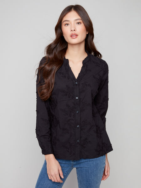 CHARLIE B C4929 APPLIQUE FLOWERS BUTTON UP BLOUSE