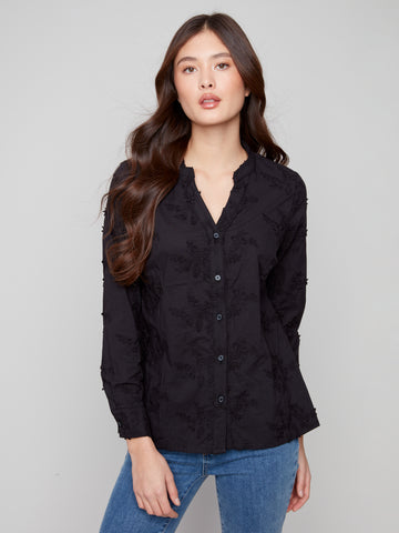 CHARLIE B C4929 APPLIQUE FLOWERS BUTTON UP BLOUSE