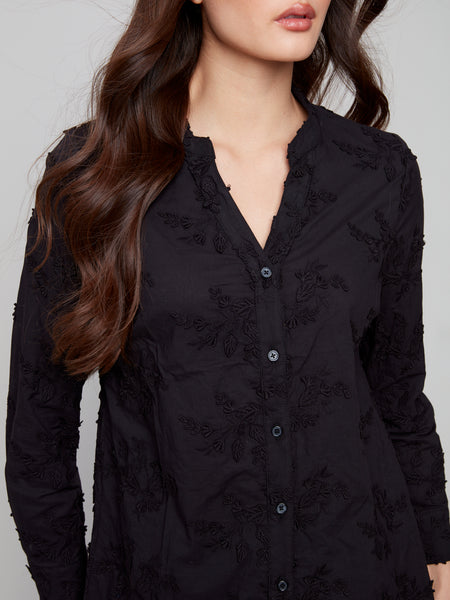 CHARLIE B C4629 APPLIQUE BUTTON UP BLOUSE 2 colours