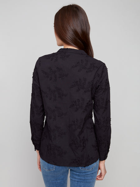 CHARLIE B C4929 APPLIQUE FLOWERS BUTTON UP BLOUSE
