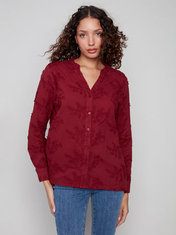CHARLIE B C4629 APPLIQUE BUTTON UP BLOUSE 2 colours