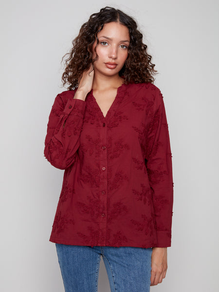 CHARLIE B C4929 APPLIQUE FLOWERS BUTTON UP BLOUSE