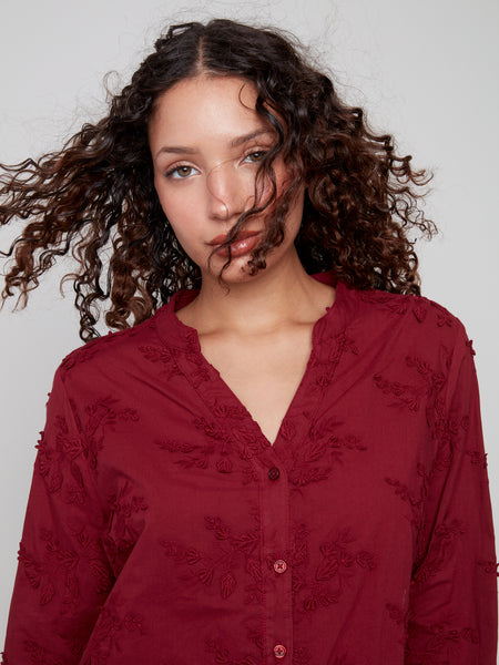 CHARLIE B C4629 APPLIQUE BUTTON UP BLOUSE 2 colours