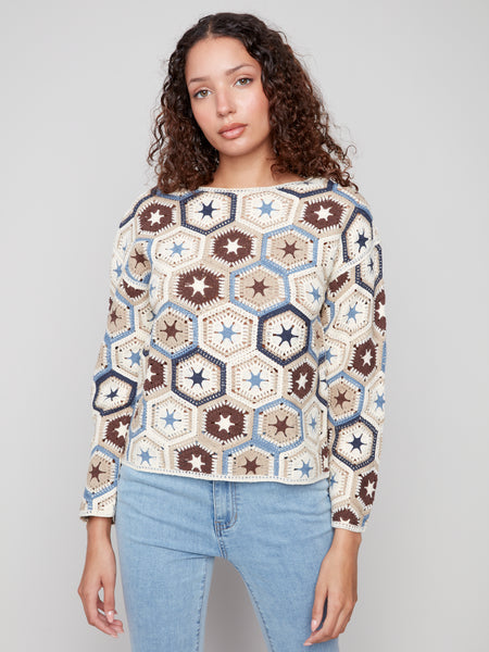 CHARLIE B C4633P CROCHET LONG SLEEVE TOP